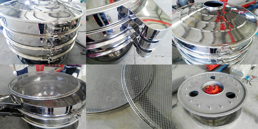 藕粉振動篩細(xì)節(jié)：鎖緊扣，出料口，防塵蓋，篩網(wǎng)，振動底座。