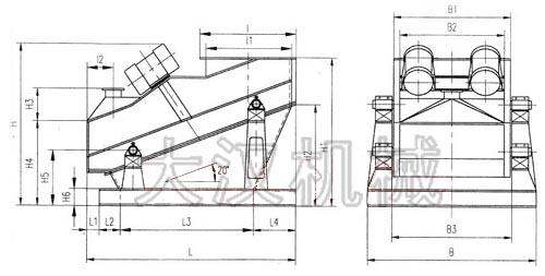 ZSG礦用振動篩外形示意圖：B為礦用振動篩寬度，L為礦用振動篩長度。H為礦用振動篩高度等。