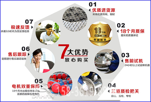 大漢食品振動(dòng)篩的7大優(yōu)勢：優(yōu)質(zhì)進(jìn)貨源，售后跟蹤，售前試機(jī)等。