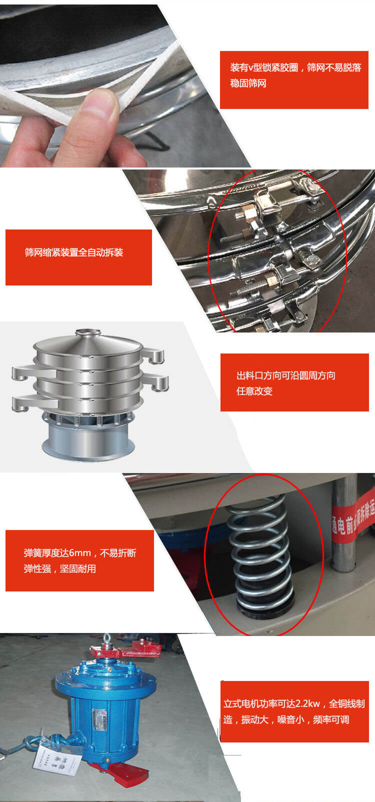 裝有V型鎖緊膠圈，使篩網(wǎng)不易脫落穩(wěn)固篩網(wǎng)，篩網(wǎng)鎖緊裝置，全自動拆裝，出料口方向可沿圓周方向任意改變。彈簧厚度達(dá)6mm，不易折斷，彈性強(qiáng)，堅(jiān)固耐用。專業(yè)的振動電機(jī)，全銅線制造，振動大，機(jī)械噪音小，頻率可調(diào)。產(chǎn)品對比:材質(zhì)：大漢振動篩廠家采用304不銹鋼材質(zhì)耐腐蝕性，耐熱性強(qiáng)。個別廠家采用其它金屬材質(zhì)，耐腐蝕性，耐熱性差蒸發(fā)緩慢，烘干效率較低。大漢振動篩廠家采用金屬編織網(wǎng)，篩分精度高，效率高，篩網(wǎng)利用率高。