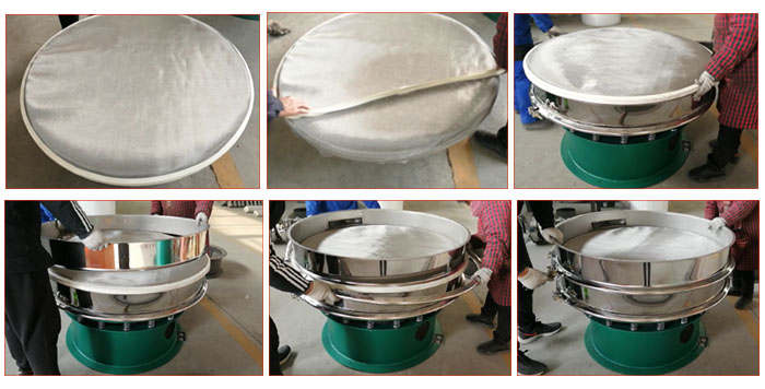 食品振動(dòng)篩網(wǎng)安裝步驟3，將密封圈安裝到網(wǎng)架周圍，將篩框放到網(wǎng)架上，并利用束環(huán)將上下兩層篩框固定在一起。