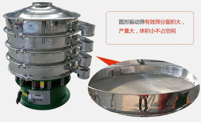 圓形振動(dòng)篩有效篩分面積大，產(chǎn)量大，體積小不占空間。
