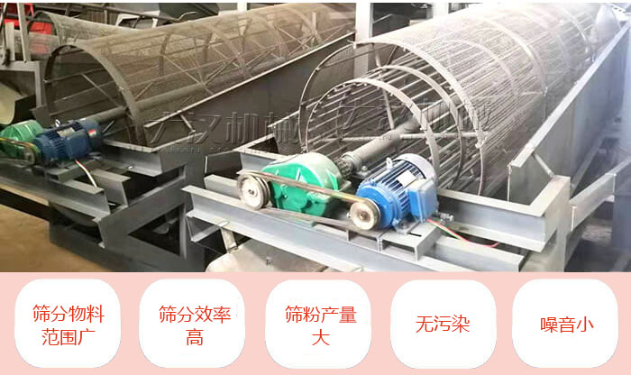 滾筒篩分機主要特點：篩分物料范圍廣，篩分效率高，篩分產(chǎn)量大，無污染，噪音小。