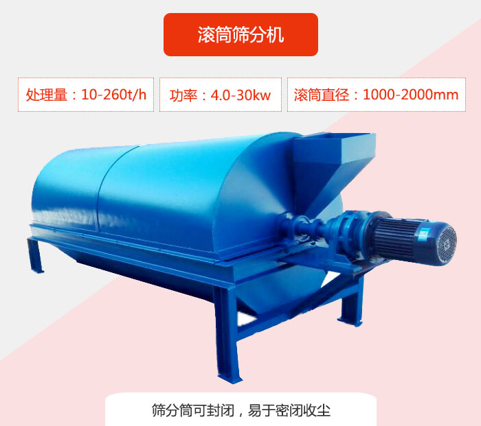 滾筒篩分機：處理能力：10-260t/h  功率：4.0-30kw 滾筒直徑：1000-2000mm 篩分筒可封閉，易于密閉收塵