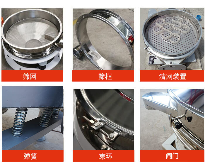 直排篩主要結(jié)構(gòu)：篩網(wǎng)，篩框，清網(wǎng)裝置，彈簧，束環(huán)，閘門等。
