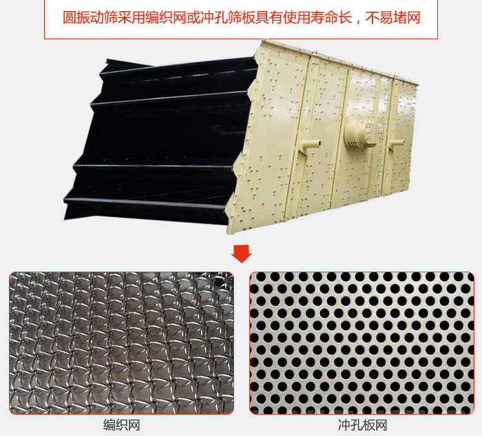 圓振動(dòng)篩采用編織網(wǎng)或沖孔篩板具有使用壽命長，不易堵網(wǎng)。