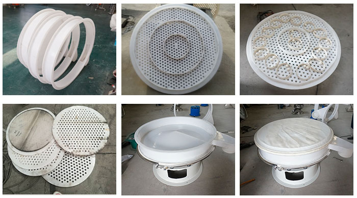 塑料防腐旋振篩配件：振動(dòng)篩底座，篩框，防塵蓋，篩網(wǎng)，振動(dòng)電機(jī)座。