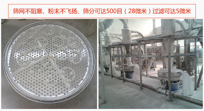 冶金粉末振動(dòng)篩篩網(wǎng)不阻塞、粉末不飛揚(yáng)、篩分可達(dá)500目（28微米）過(guò)濾可達(dá)5微米。