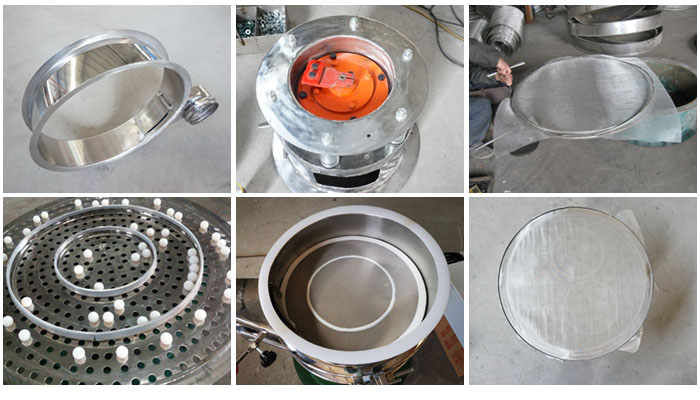 不銹鋼小型振動(dòng)篩細(xì)節(jié)：振動(dòng)篩篩框，振動(dòng)電機(jī)座，篩網(wǎng)，彈跳球，密封圈，篩網(wǎng)網(wǎng)架。