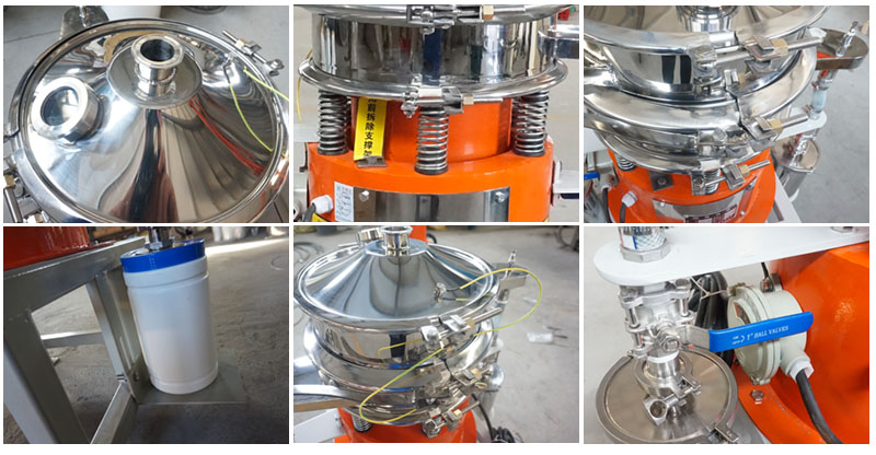 氣體保護超聲波振動篩細節(jié)：控制閥，料罐，篩網(wǎng)。