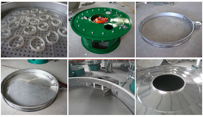 大型旋振篩細(xì)節(jié)：大型旋振篩篩網(wǎng)，大型旋振篩篩框，大型旋振篩防塵蓋。