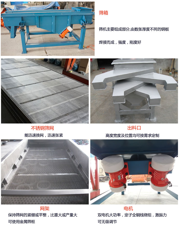 520型直線振動(dòng)篩結(jié)構(gòu)：篩箱：篩機(jī)主要組成部分，由數(shù)張厚度不同的鋼板焊制而成，強(qiáng)度，剛度好。不銹鋼篩網(wǎng)：能迅速換網(wǎng)，迅速?gòu)埦o。電機(jī)：雙電機(jī)大功率，定子全銅線繞組，激振力可無(wú)極調(diào)節(jié)。網(wǎng)架：保持篩網(wǎng)的緊繃和平整，比重大或產(chǎn)量大時(shí)可使用金屬篩框。出料口：高度寬度及位置均可按照用戶的要求來(lái)定制。