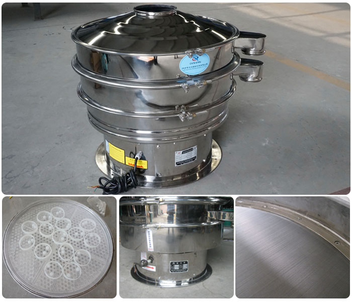 1000型全不銹鋼振動(dòng)篩細(xì)節(jié)展示：振動(dòng)篩網(wǎng)，震動(dòng)篩底座，振動(dòng)篩篩網(wǎng)。