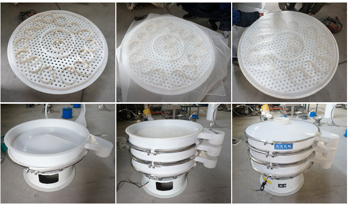 安裝塑料網(wǎng)架的空心U形網(wǎng)架，安裝清網(wǎng)裝置（擋球環(huán)和彈跳球），細(xì)網(wǎng)安裝到網(wǎng)架和清網(wǎng)裝置上面；安裝底框，將裝好的網(wǎng)架放到地框上再放一層篩框，安裝束環(huán)與防塵蓋，雙層塑料振動篩安裝完畢