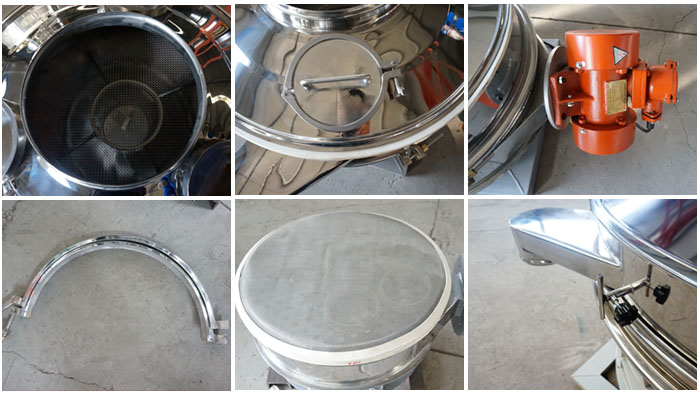 單振源直排篩細(xì)節(jié)展示：防塵蓋，振動(dòng)源，振動(dòng)篩網(wǎng)，大束環(huán)，控制開(kāi)關(guān)等。