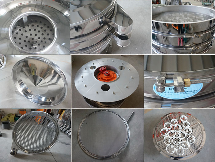 里外剖光振動篩細(xì)節(jié)：防塵蓋拋光效果，篩框拋光效果，振動篩底座拋光效果，振動篩網(wǎng)架拋光效果等。