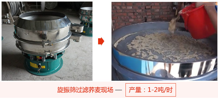 旋振篩過濾蕎麥現(xiàn)場，產(chǎn)量可達2噸每小時。