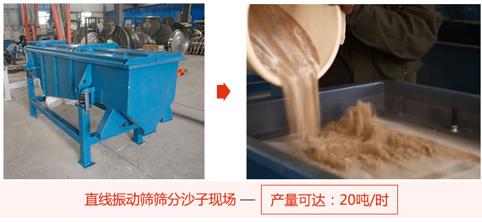 直線振動篩篩分沙子現(xiàn)場展示，產(chǎn)量高達20噸每小時。