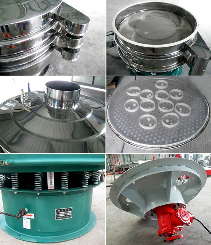 圓形旋振篩細(xì)節(jié)展示：出料口，篩網(wǎng)，進(jìn)料口，網(wǎng)架，擋球環(huán)，振動(dòng)彈簧，振動(dòng)電機(jī)等。