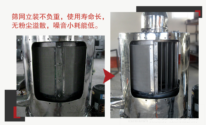 氣流篩采用立式篩網(wǎng)，不受物料的沖擊力的影響，篩網(wǎng)使用壽命長(zhǎng)