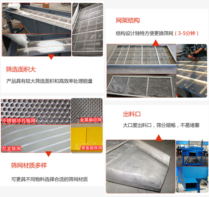多層直線振動(dòng)篩篩選面積大，網(wǎng)架結(jié)構(gòu)方便篩網(wǎng)更換，篩網(wǎng)可選：不銹鋼沖孔板，金屬編織，尼龍篩網(wǎng)，聚氨酯篩網(wǎng)等。