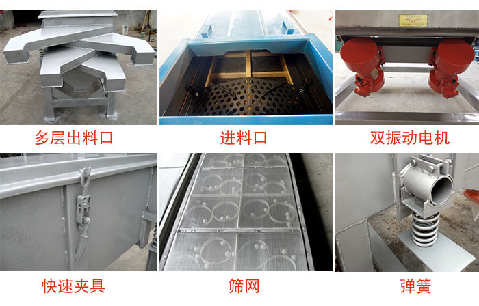 多層直線振動(dòng)篩出料口，篩網(wǎng)，彈簧，快速夾具，振動(dòng)電機(jī)等