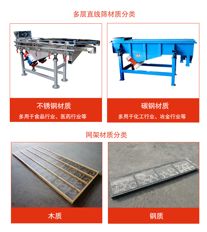 多層直線振動(dòng)篩材質(zhì)有：不銹鋼，碳鋼；網(wǎng)架材質(zhì)有木質(zhì)，鋼質(zhì)等。