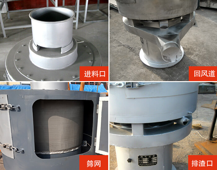 氣流篩分機(jī)進(jìn)料口，回風(fēng)道，篩網(wǎng)，排渣口。