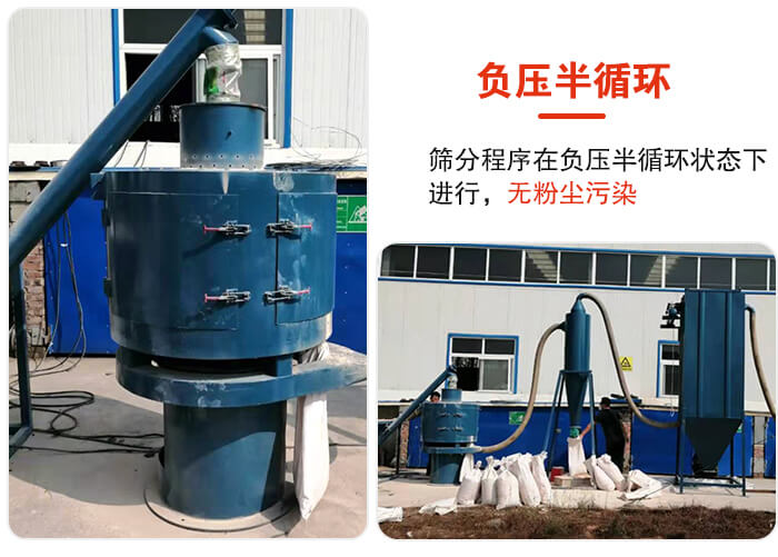 氣流篩負(fù)壓半循環(huán)，篩分程序在負(fù)壓版循環(huán)狀態(tài)下進(jìn)行，無粉塵污染。