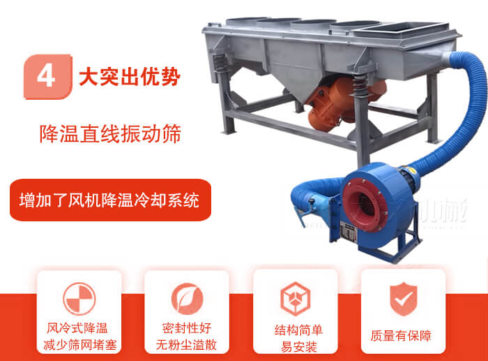 降溫直線振動(dòng)篩性能特點(diǎn)：1，技術(shù)成熟，質(zhì)量可靠，篩分精度高，處理量大。2，風(fēng)冷式降溫系統(tǒng)設(shè)計(jì)，快速有效降溫。3，適用范圍廣，可應(yīng)用于各種需要降溫的物料。4，設(shè)計(jì)精巧合理，結(jié)構(gòu)簡(jiǎn)單，易安裝，耗能少，噪音低5，篩網(wǎng)使用壽命長(zhǎng)，換網(wǎng)更方便，快捷6，設(shè)備整體密封性好，無(wú)粉塵溢散。