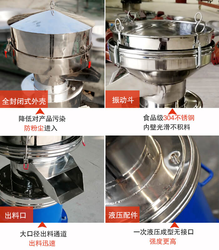 450過濾篩機結(jié)構(gòu)組成：全封閉式外殼設(shè)計：對產(chǎn)品的污染低，防塵粉進入電機內(nèi)部延長設(shè)備壽命。振動斗：食品304不銹鋼篩斗，內(nèi)壁光滑不存在積料現(xiàn)象。出料口，大口徑出料通道，出料迅速，提高工作效率。液壓配件：一次液壓成型無接口強度更高。