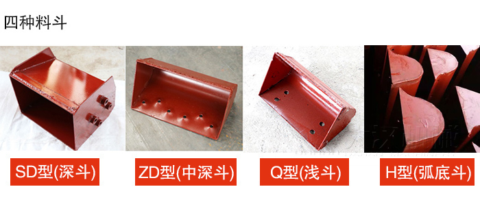 四種料斗Q型(淺斗)、H型(弧底斗)、ZD型(中深斗)SD型(深斗)展示圖