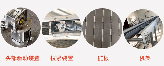鏈板輸送機結(jié)構(gòu)：頭部驅(qū)動裝置，拉緊裝置，鏈板，機架等圖片展示