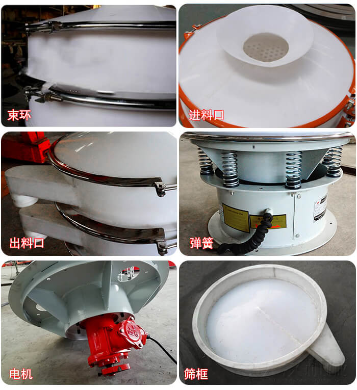 塑料防腐蝕振動篩細(xì)節(jié):進(jìn)料口，框體，網(wǎng)架底框，出料口等。