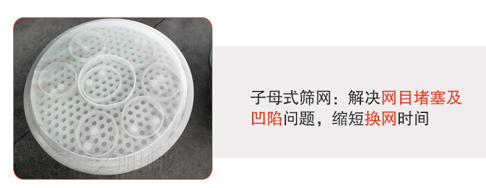 塑料防腐蝕振動篩采用子母扣式網(wǎng)架可安裝彈跳球進(jìn)行清網(wǎng)，解決篩網(wǎng)堵塞問題。