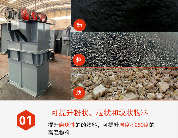 斗式提升機(jī)能夠提升的物料種類比較多大致可分：粉，粒，塊等多種類型。