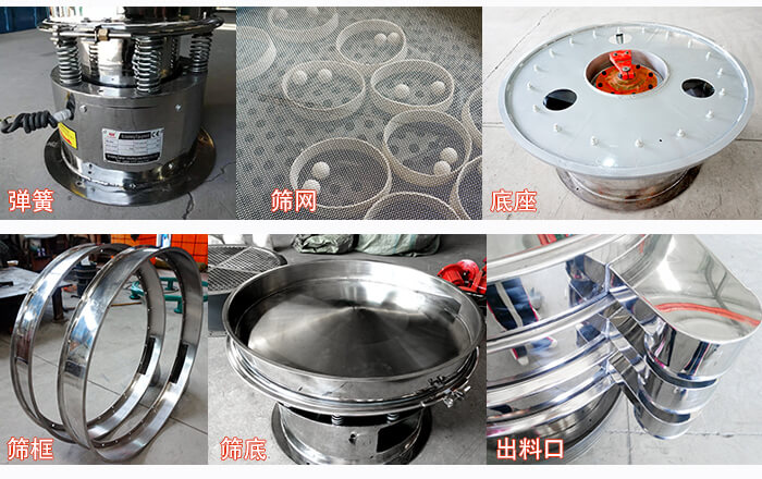 細節(jié)展示：篩框，篩網(wǎng)，振動底座，振動體，出料口。