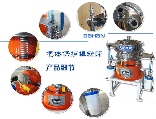 氣體保護振動篩細節(jié)：振動彈簧，手動閥門，料罐等。