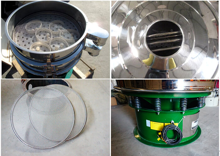 單層振動篩細節(jié)：篩網(wǎng)，進料口，振動彈簧，彈跳球。